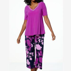 NWT Nina Leonard Womens Purple Embellished Tunic Floral Culotte Pant Set Size PM